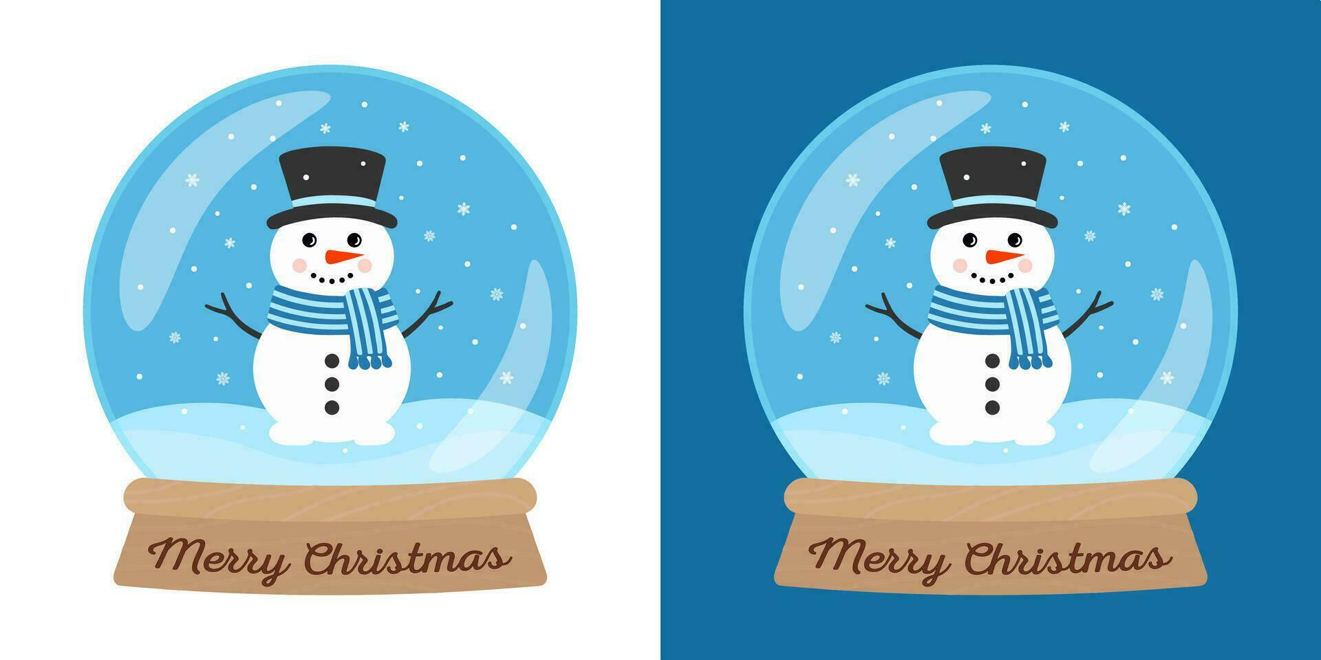 Christmas Snow Globe with Snowman and Snowflakes. Vector Illustration isolated on white and blue backgrounds