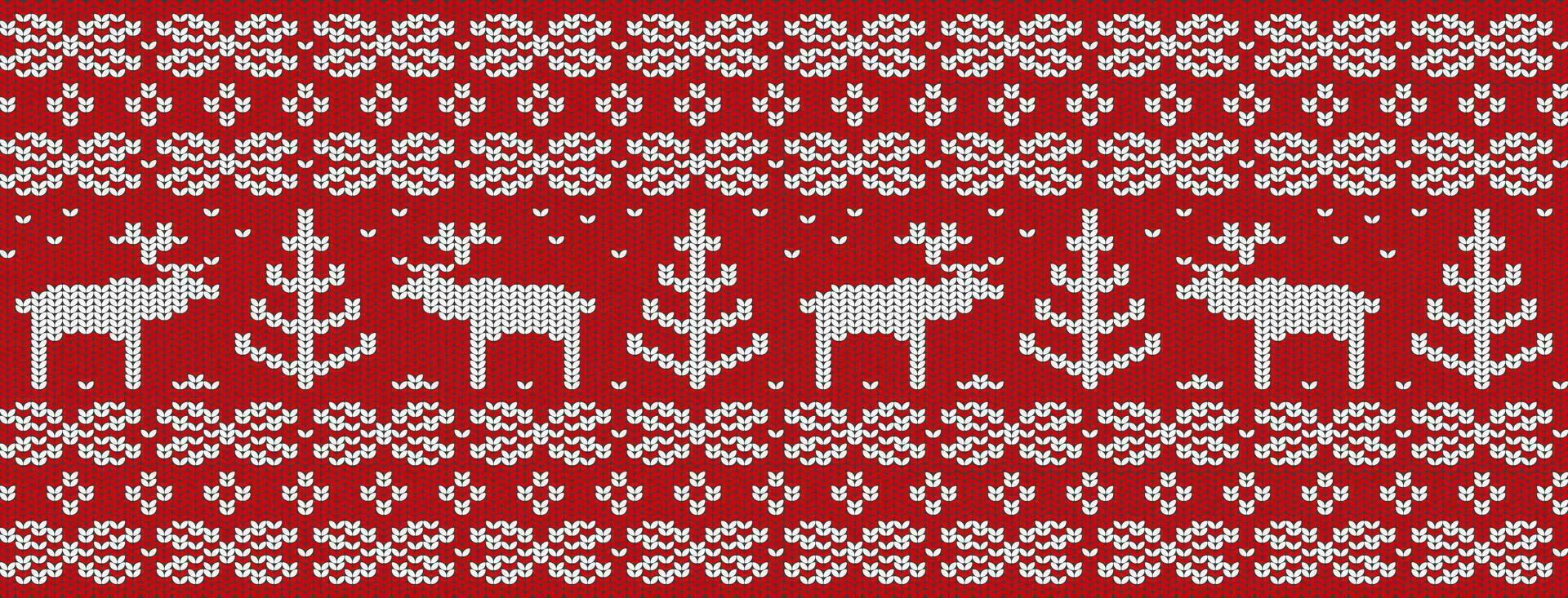 Christmas background, hand-knitted seamless pattern with deers, snowflakes, and Christmas trees. Red winter sweater texture. vector