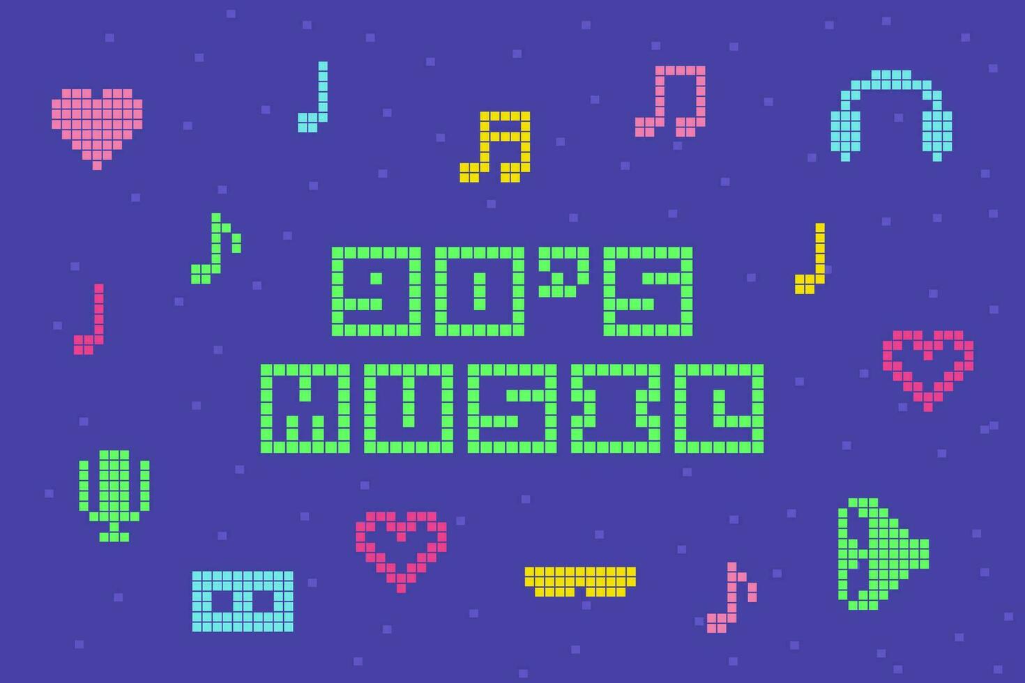 90s Music Banner, Retro Style Vector Poster. Bright Pixeled Letters on violet background
