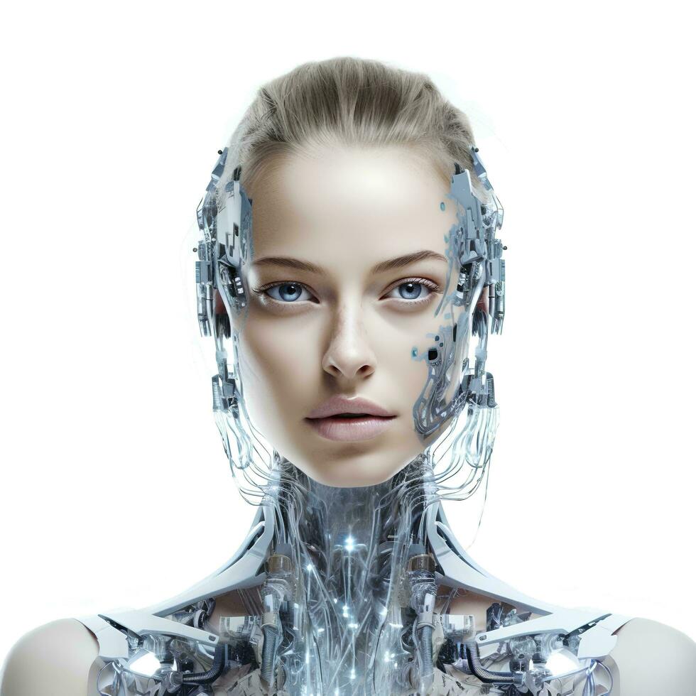 a half robot woman from the future on an isolated white background, AI Generative photo