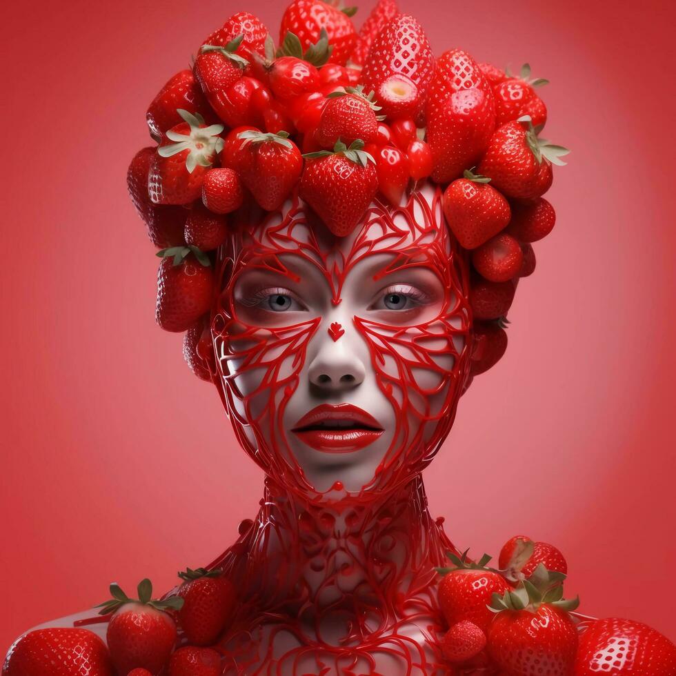 the girl who had strawberries covered in her face, AI Generative photo