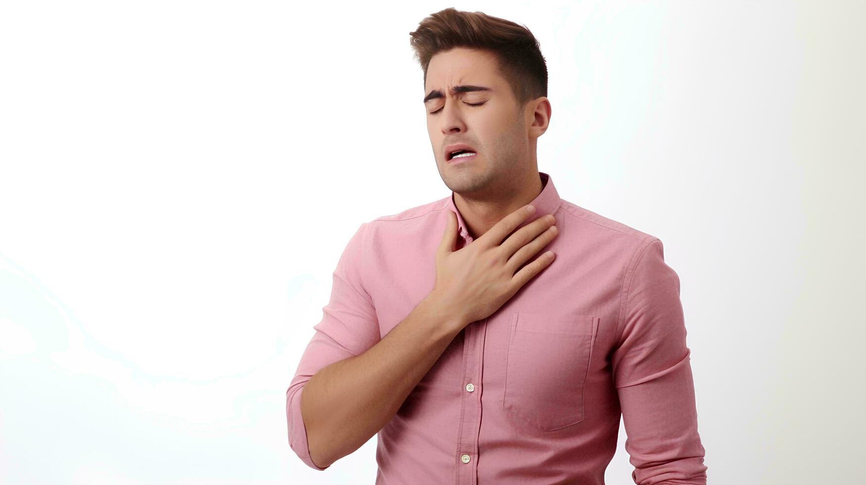 A young man suffering from an asthma attack, He holds his chest, on an isolated white background, AI Generative photo