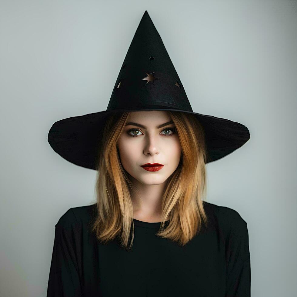 A beautiful witch wearing a conical hat on an isolated background, AI Generative photo