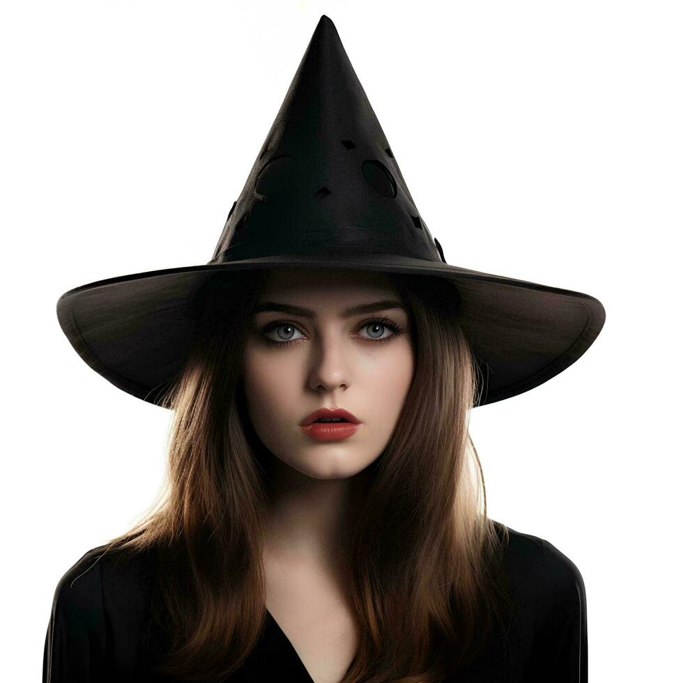 A beautiful witch wearing a conical hat on an isolated background, AI Generative photo