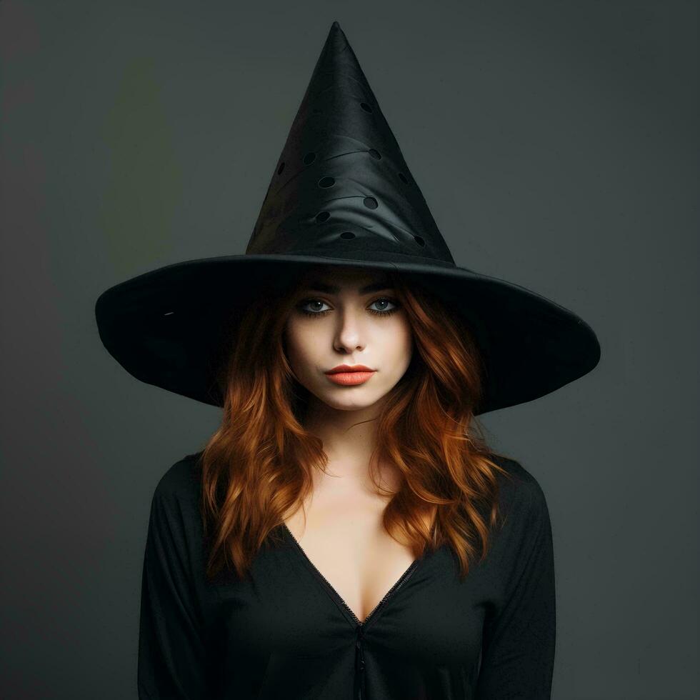 A beautiful witch wearing a conical hat on an isolated background, AI Generative photo