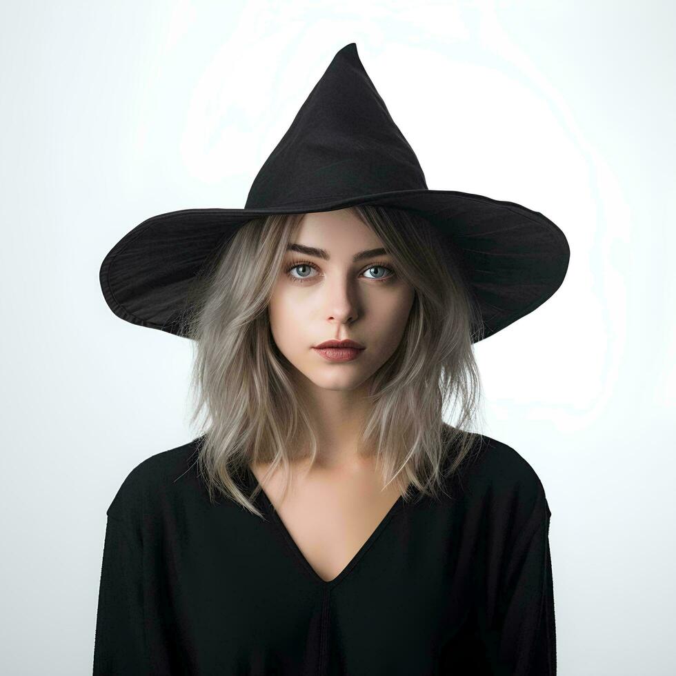 A beautiful witch wearing a conical hat on an isolated background, AI Generative photo