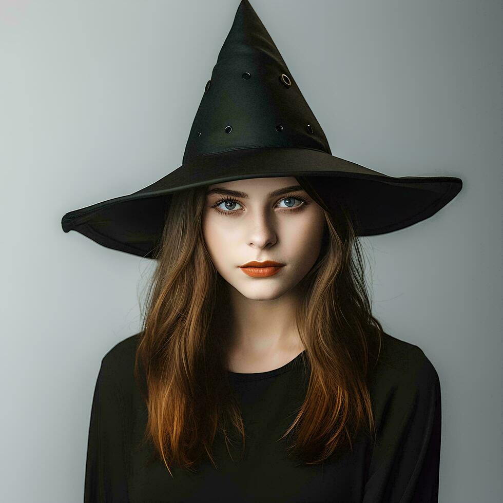 A beautiful witch wearing a conical hat on an isolated background, AI Generative photo