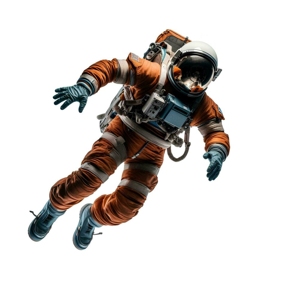 Fully clothed astronaut flying in zero gravity, on an isolated white background, AI Generative photo