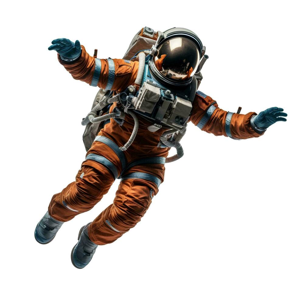 Fully clothed astronaut flying in zero gravity, on an isolated white background, AI Generative photo