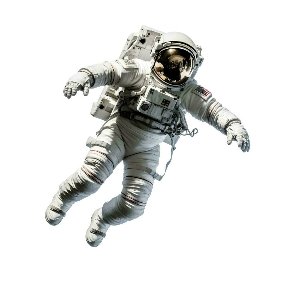 completamente vestido astronauta volador en cero gravedad, en un aislado blanco fondo, ai generativo foto