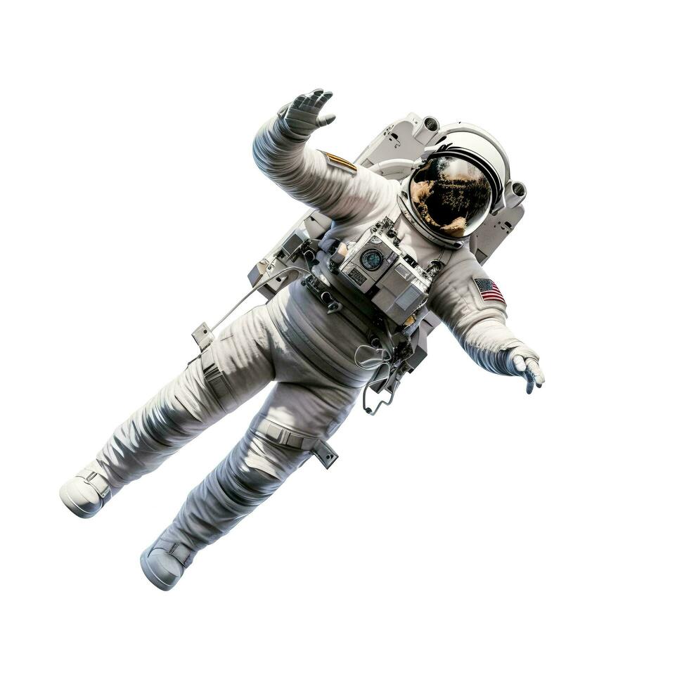 Fully clothed astronaut flying in zero gravity, on an isolated white background, AI Generative photo