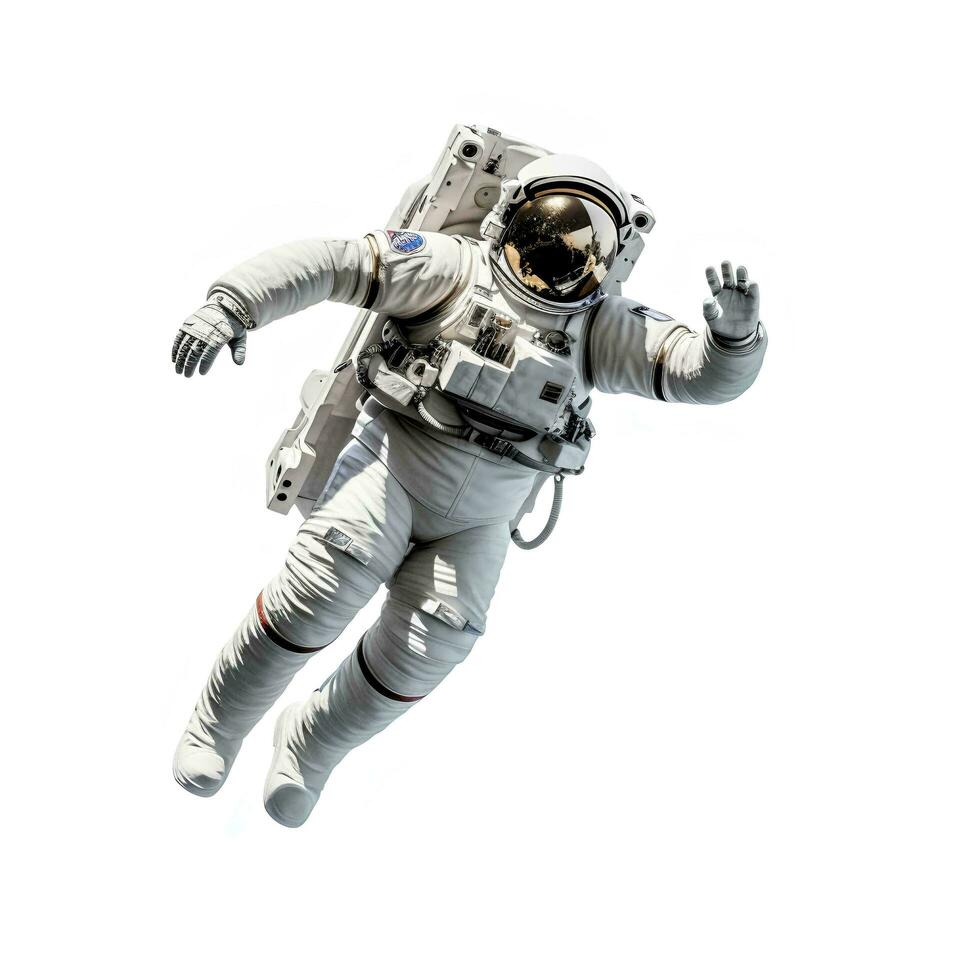 completamente vestido astronauta volador en cero gravedad, en un aislado blanco fondo, ai generativo foto