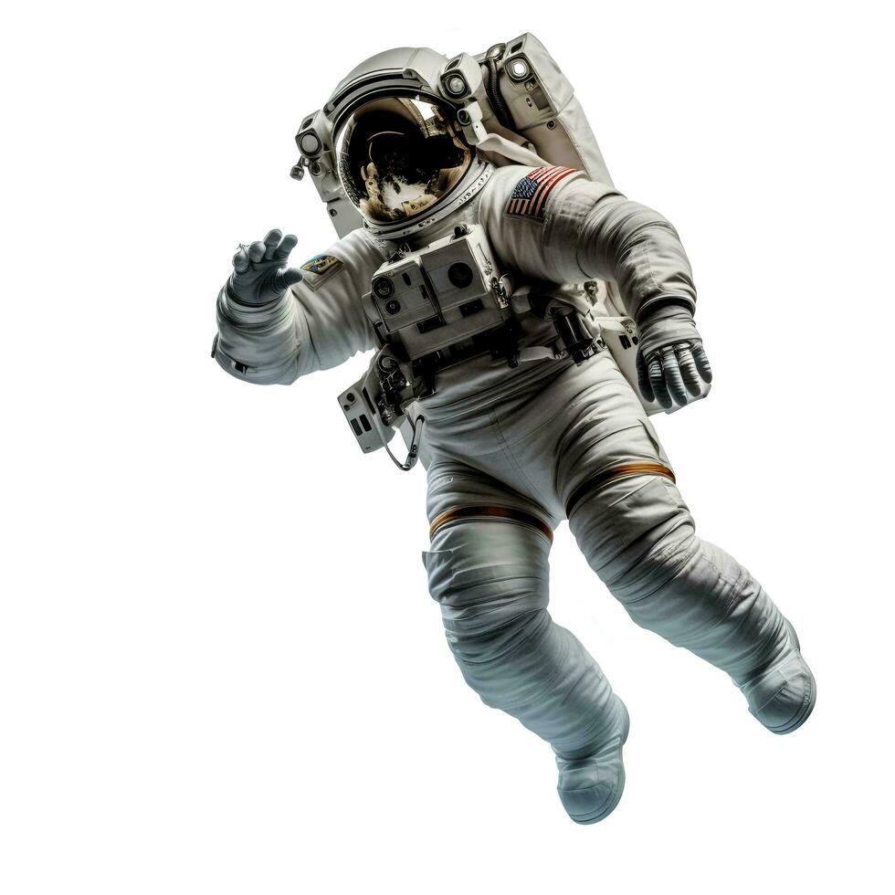 completamente vestido astronauta volador en cero gravedad, en un aislado blanco fondo, ai generativo foto