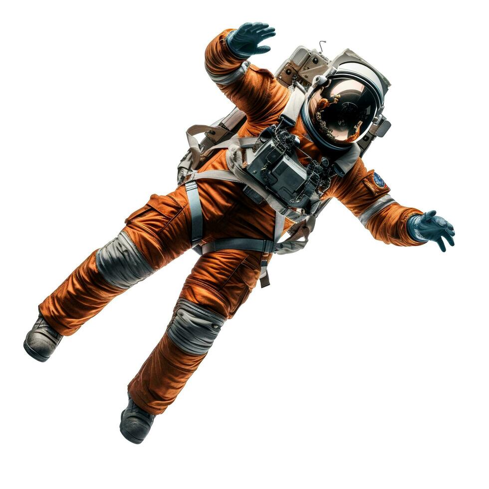 Fully clothed astronaut flying in zero gravity, on an isolated white background, AI Generative photo