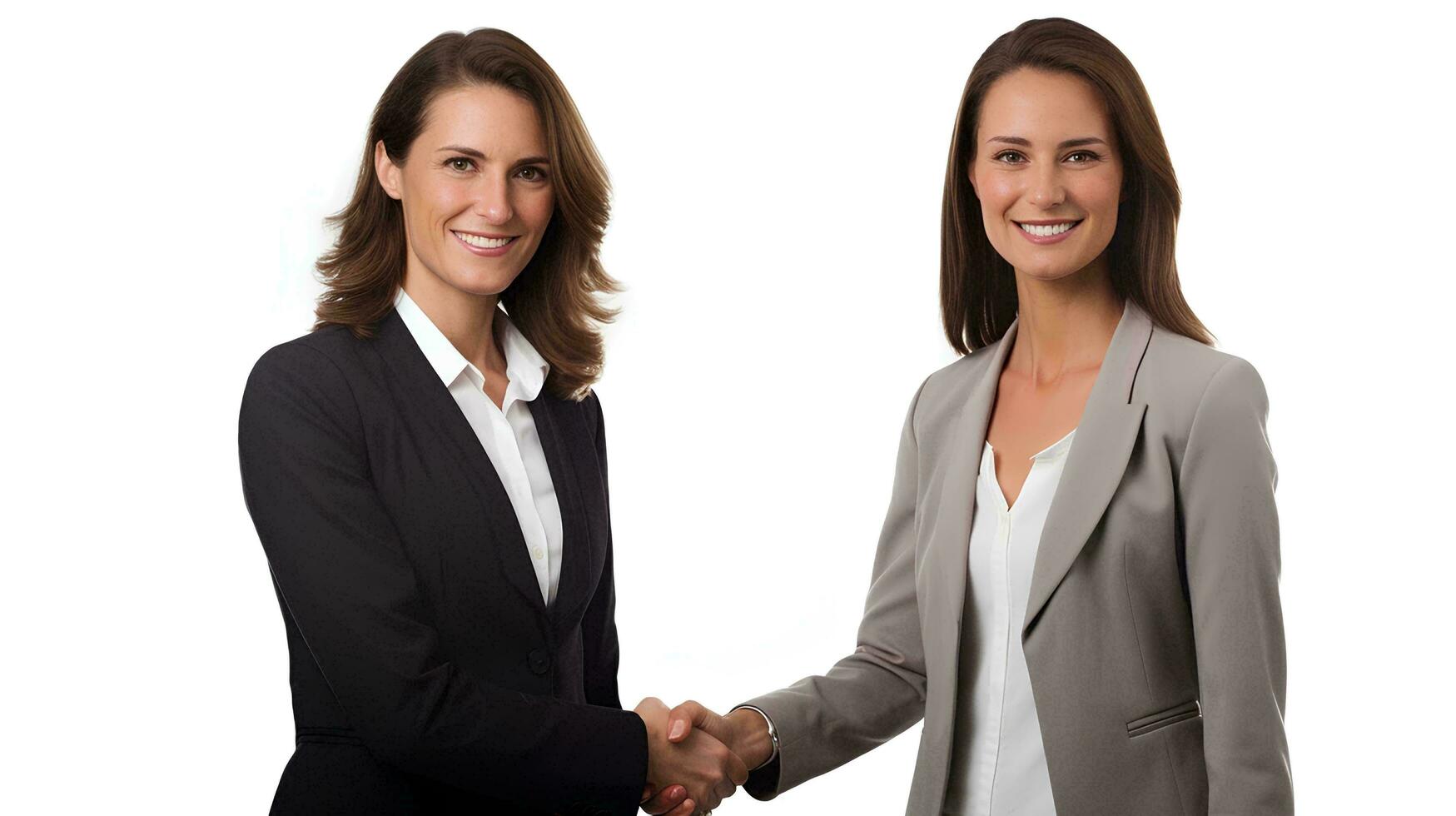 Middle aged business woman manager shaking hands with client on isolated white background, AI Generative photo