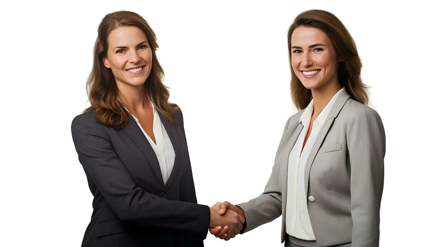 Middle aged business woman manager shaking hands with client on isolated white background, AI Generative photo