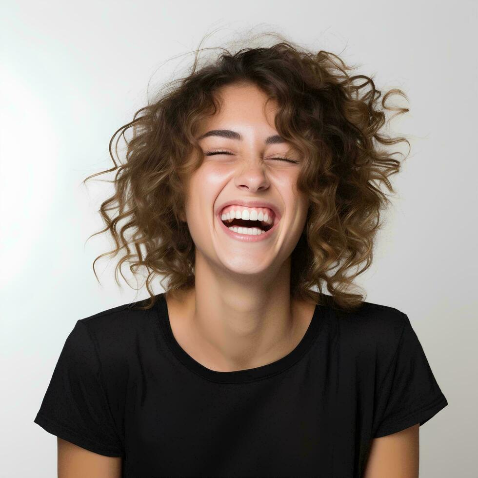 happy laughing young woman on isolated white background, AI Generative photo