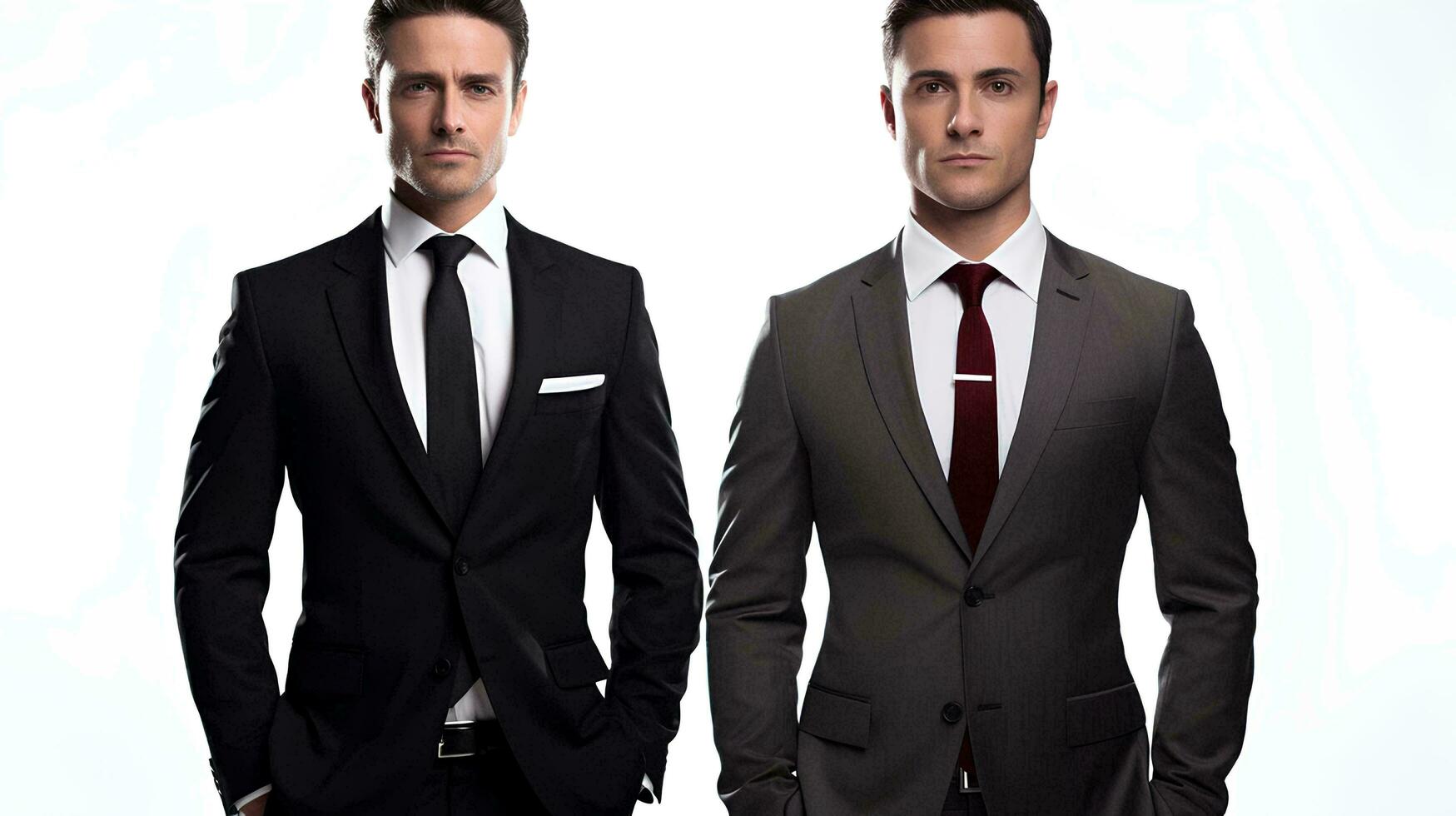 Two attractive and confident businessmen wearing suits on isolated white background, AI Generative photo