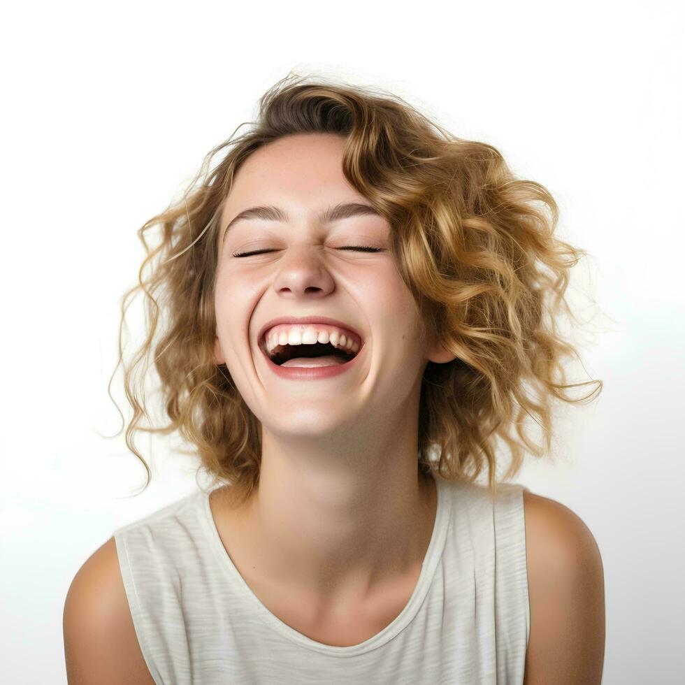 contento riendo joven mujer en aislado blanco fondo, ai generativo foto