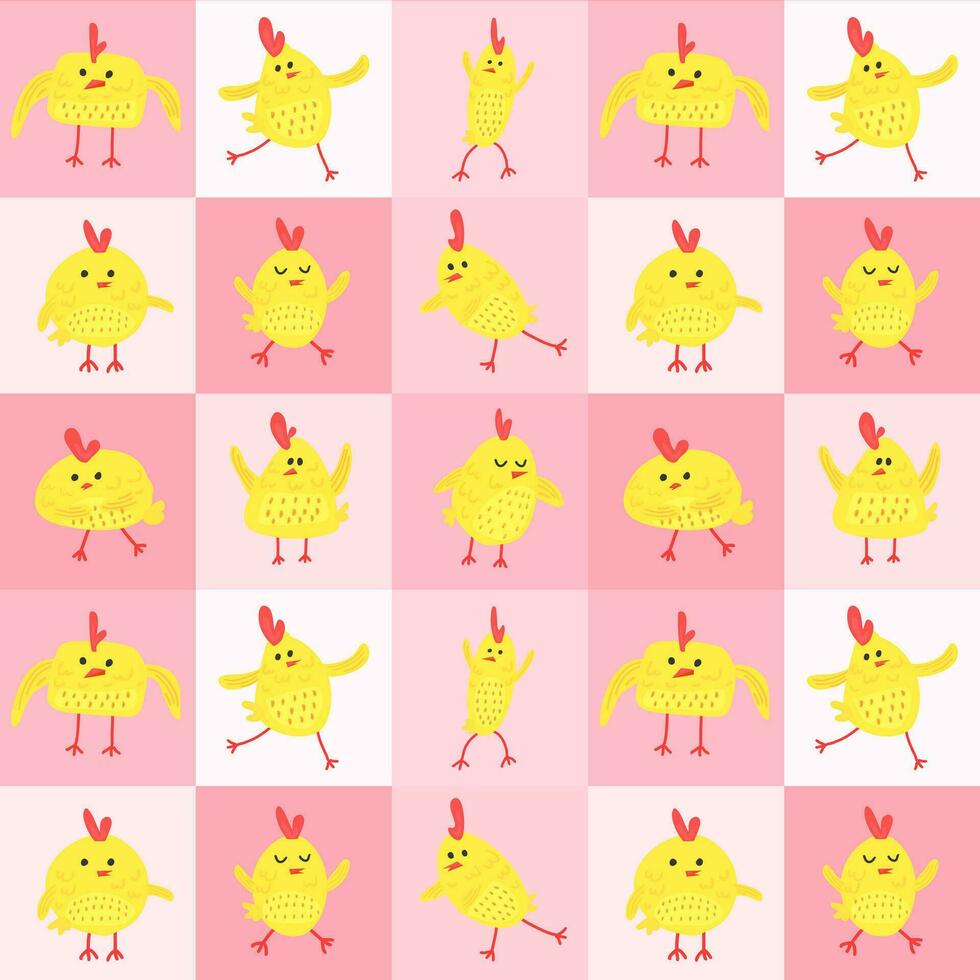Seamless pattern with cute yellow chickens in different poses, dancing chickens, easter character, pink background. vector