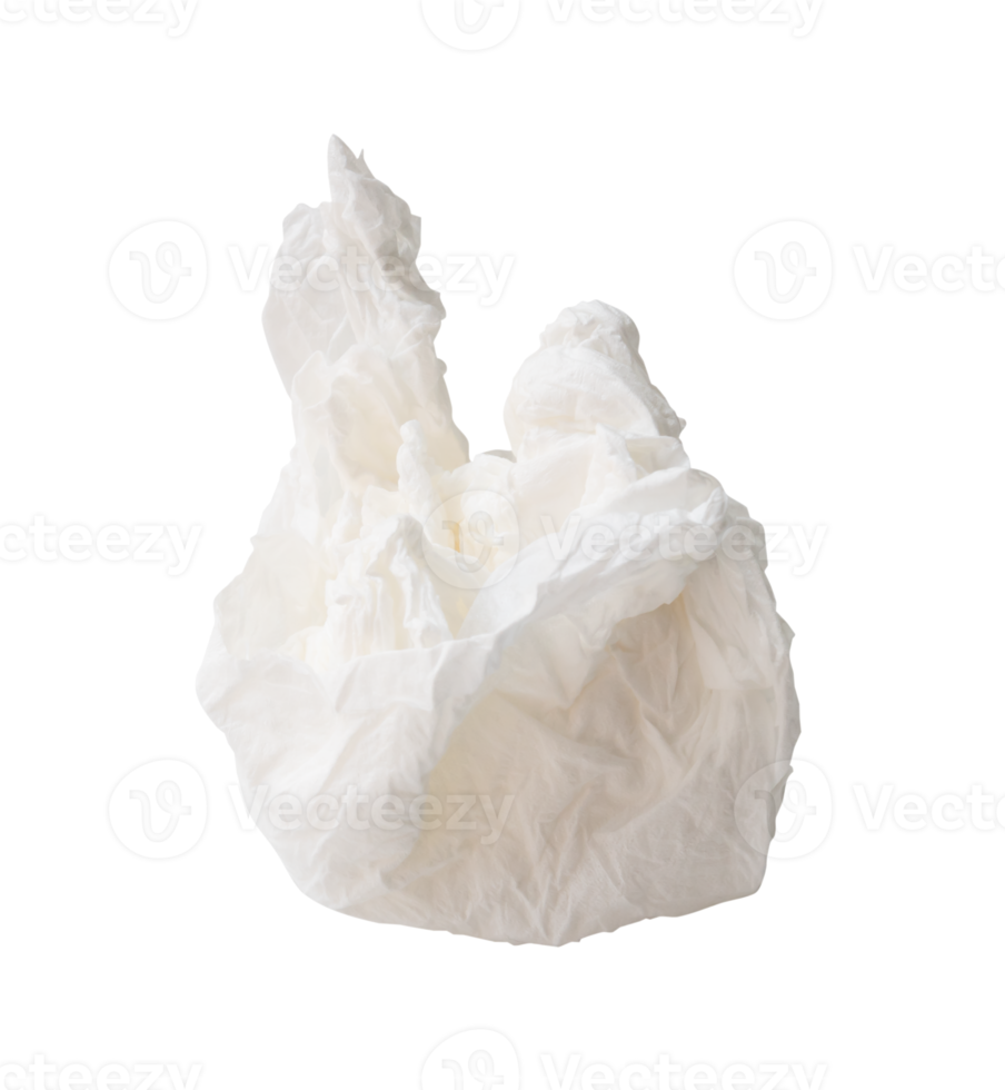 Single screwed or crumpled tissue paper or napkin in strange shape after use in toilet or restroom isolated with clipping path in png file format