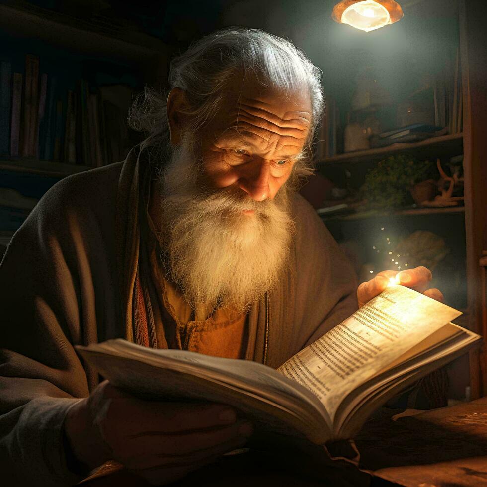 old grandfather who is reading a book, AI Generative photo