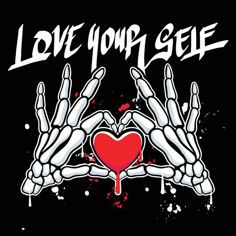 vector graffiti hand drawn love skeleton with slogan love your self designs for streetwear illustration