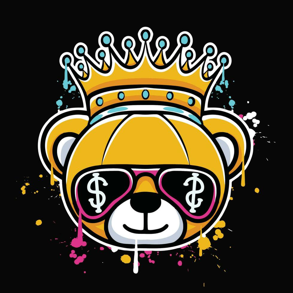 vector graffiti hand crazy rich king teddy bear designs for streetwear illustration