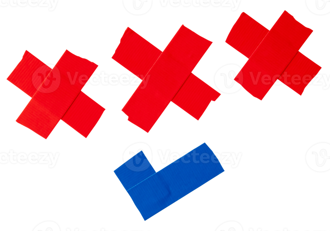 Set of red and blue scotch tape or adhesive vinyl tape in stripe of cross and check mark isolated with clipping path in png file format
