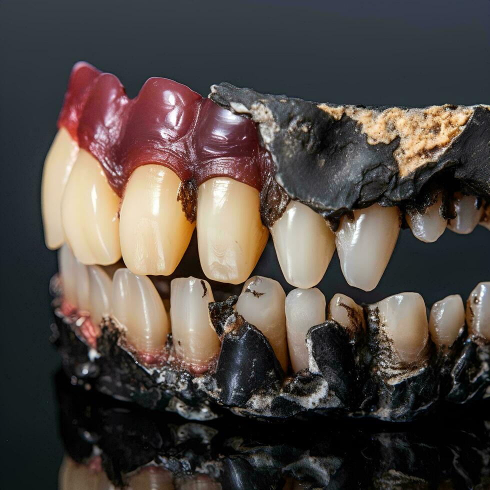 retrato de intacto dientes y dañado dientes, ai generativo foto