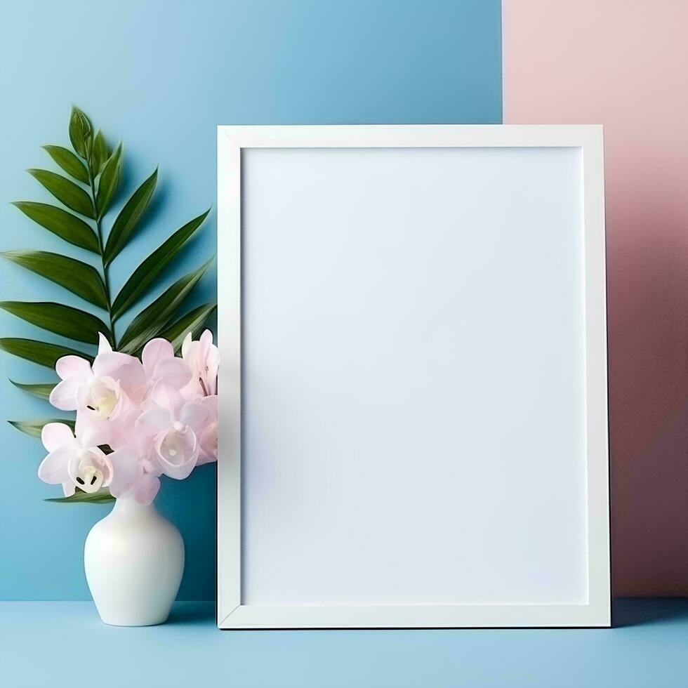 blank white frame with pink orchid on blue and pink background, AI Generative photo