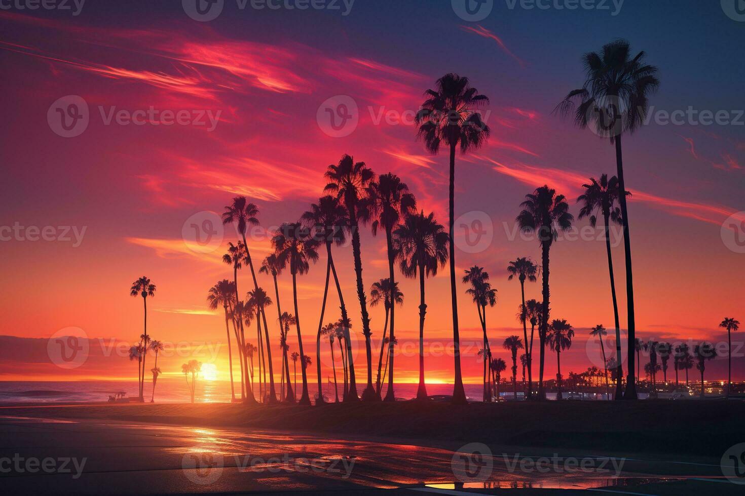 Beautiful sunset against the backdrop of the silhouette of tall palm trees on the sea beach. Vintage tone. Generated by artificial intelligence photo