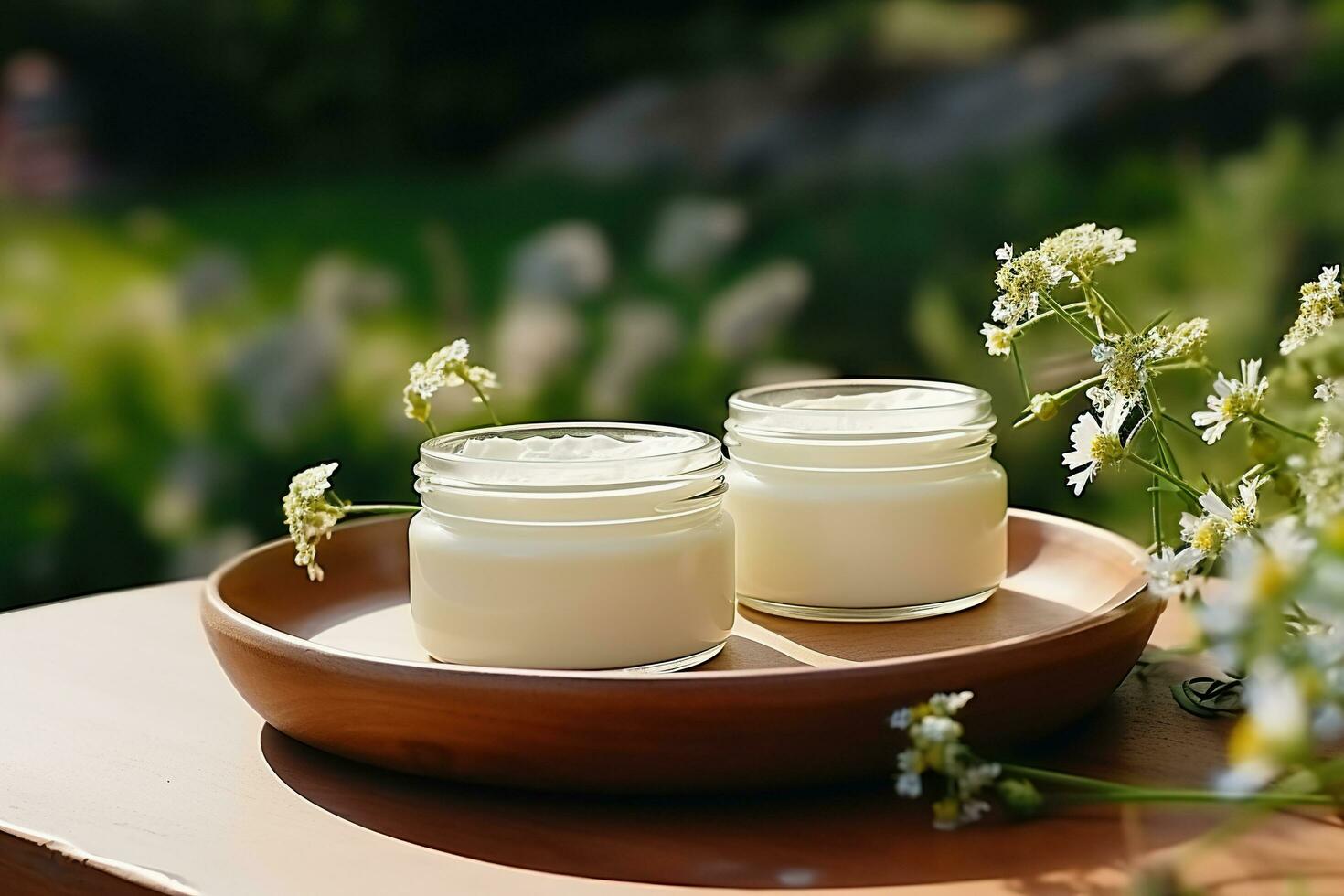 Two jars of cream on a wooden stand on a blurred natural background. Natural cosmetics concept. Generated by artificial intelligence photo