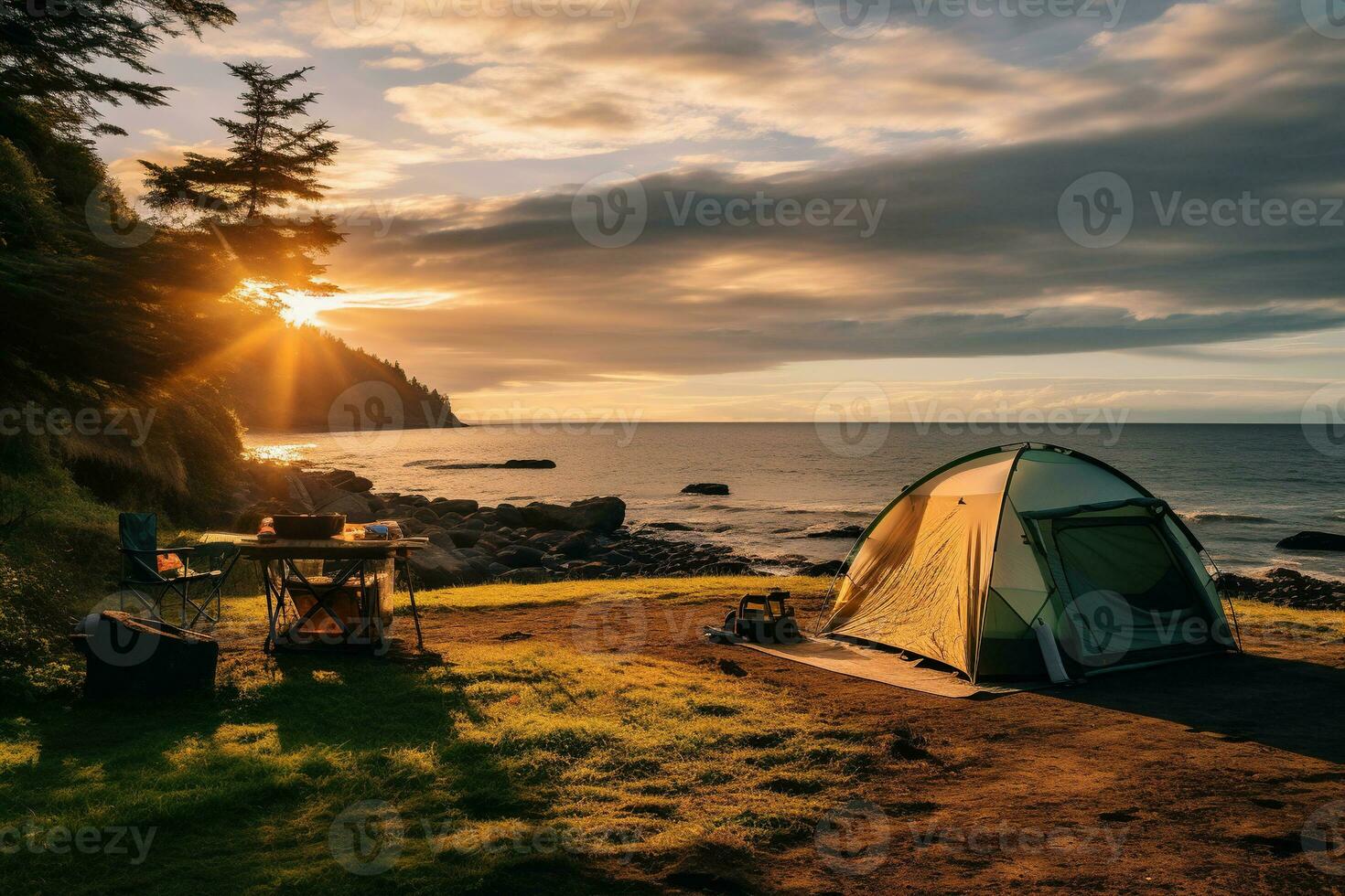 Tent, camping in summer on the beach sea and sky background. Generated by artificial intelligence photo