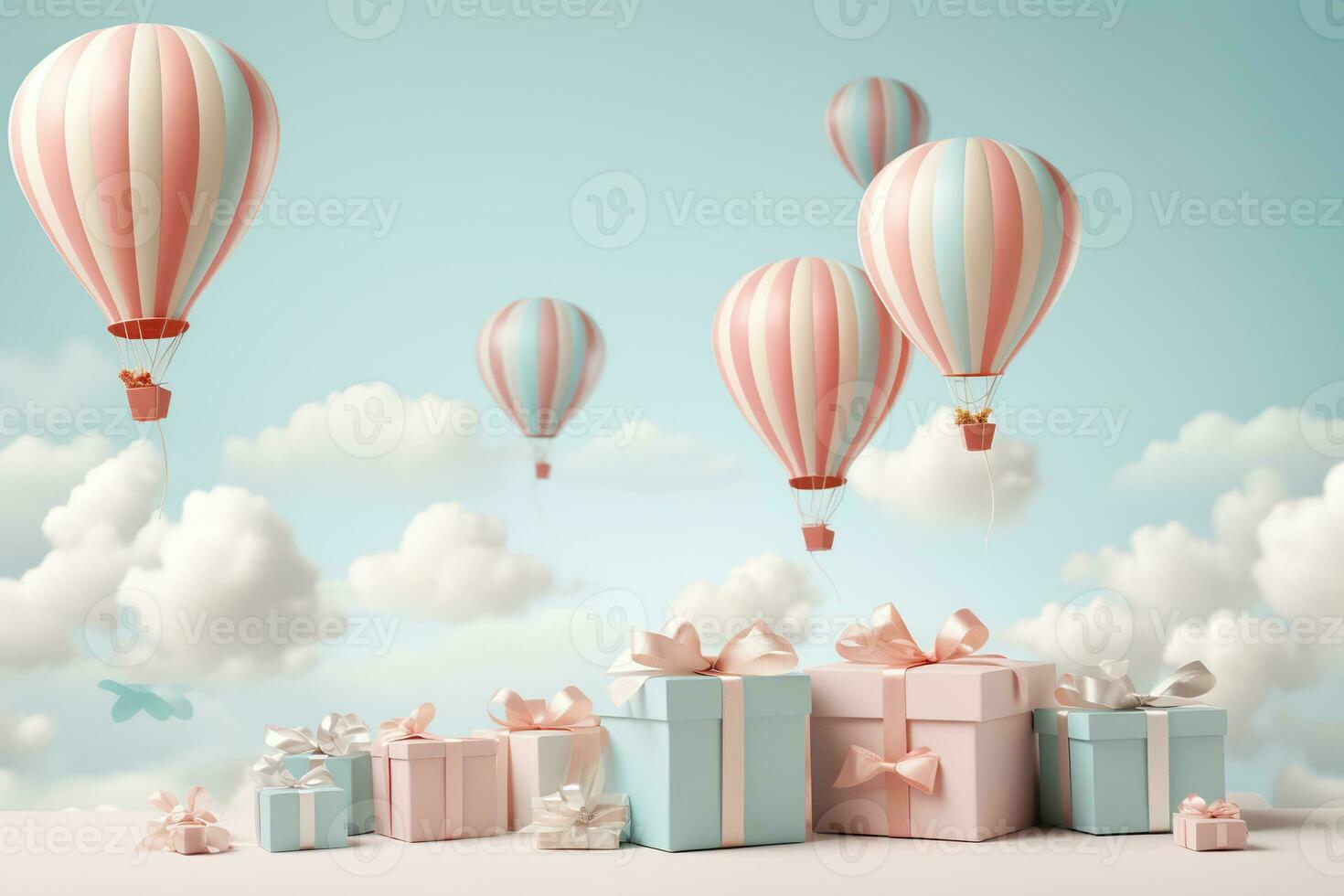 Congratulatory background with balloons, gifts against the background of the sky with clouds. Design of greeting background, cards for Birthday, Valentine's Day. Generated by artificial intelligence photo