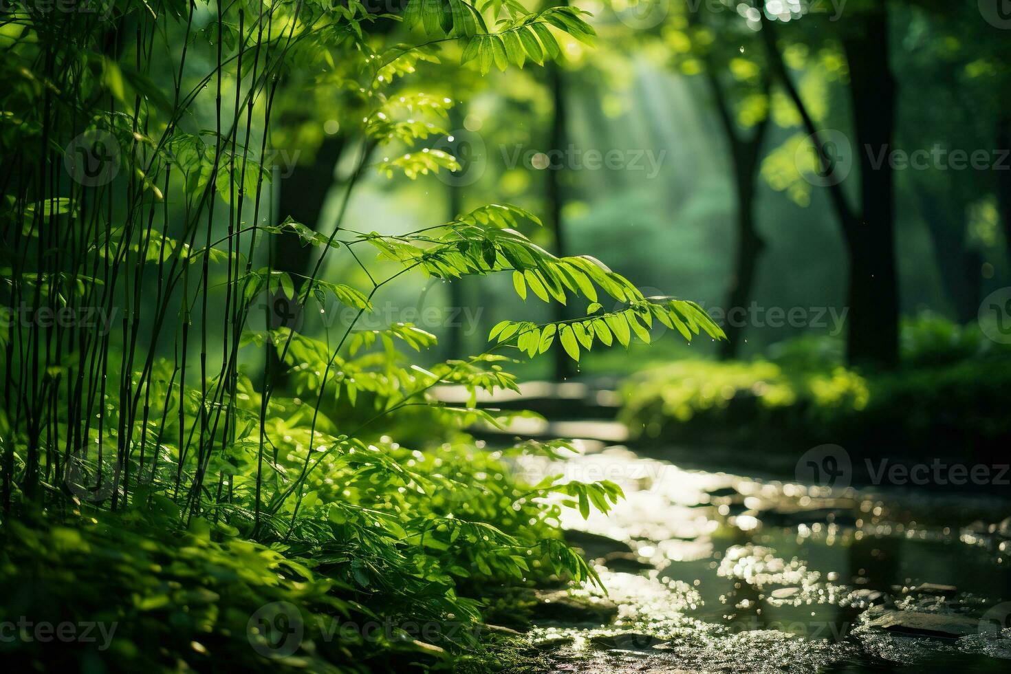 Green plant close-up near a stream against the backdrop of a blurred forest on a sunny day. Generated by artificial intelligence photo