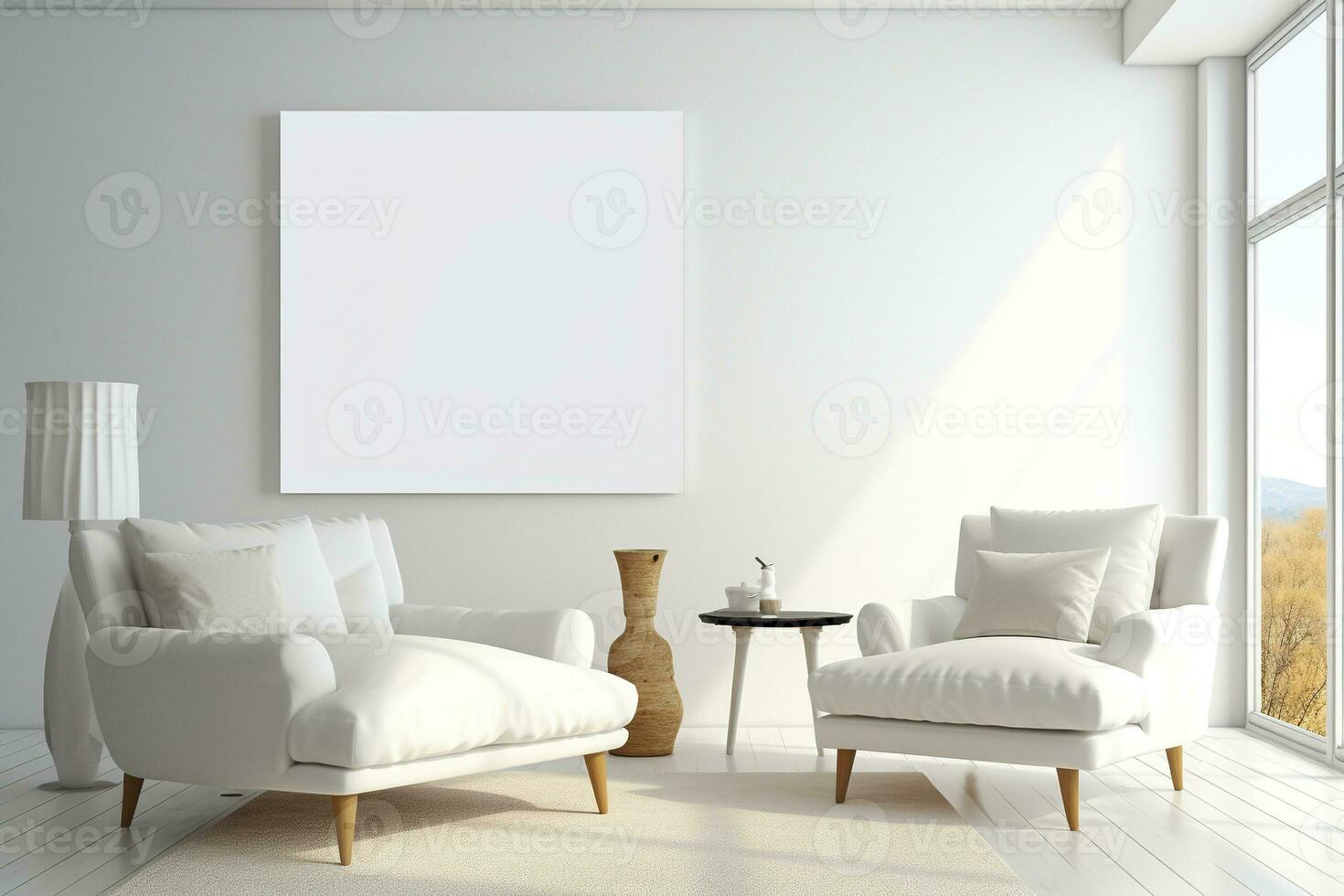 hermosa brillante vivo habitación interior con dos cómodo blanco sillones y un grande blanco pintura en el pared. grande ventanas generado por artificial inteligencia foto