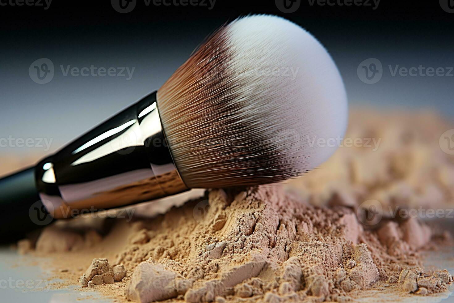 Makeup brush on a pile of powder on a blur background, side view. Makeup concept. Generated by artificial intelligence photo