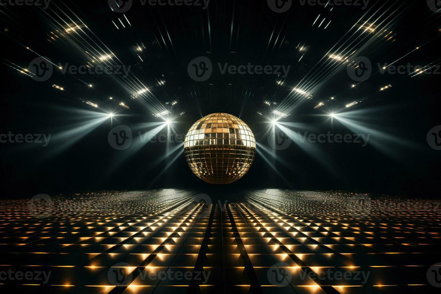 Golden disco ball in a dark empty room. Reflections of light on a disco ball. enerated by artificial intelligence photo