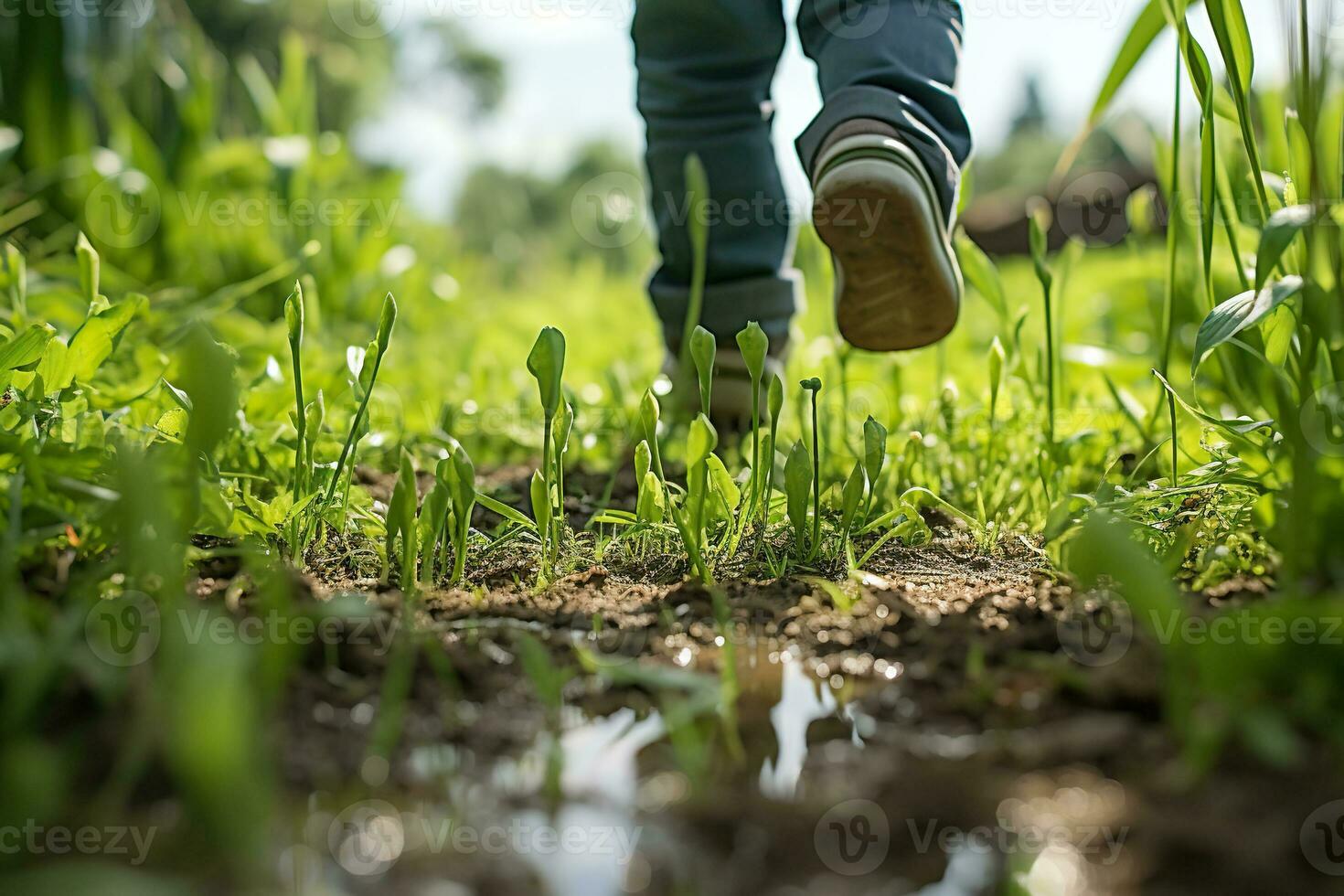 Children's feet in boots walk on green grass with in a field. Generated by artificial intelligence photo