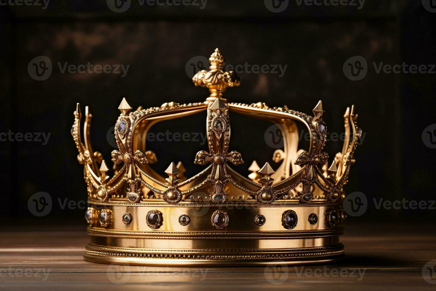 Golden crown with precious stones on a wooden tabletop on a dark background. Generated by artificial intelligence photo