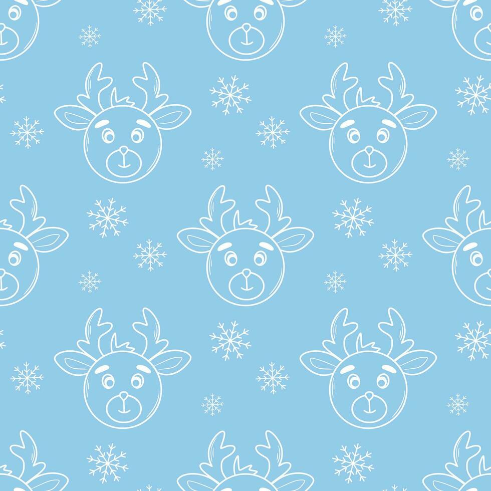 Seamless Christmas patterns with deer and snowflakes, doodle style vector