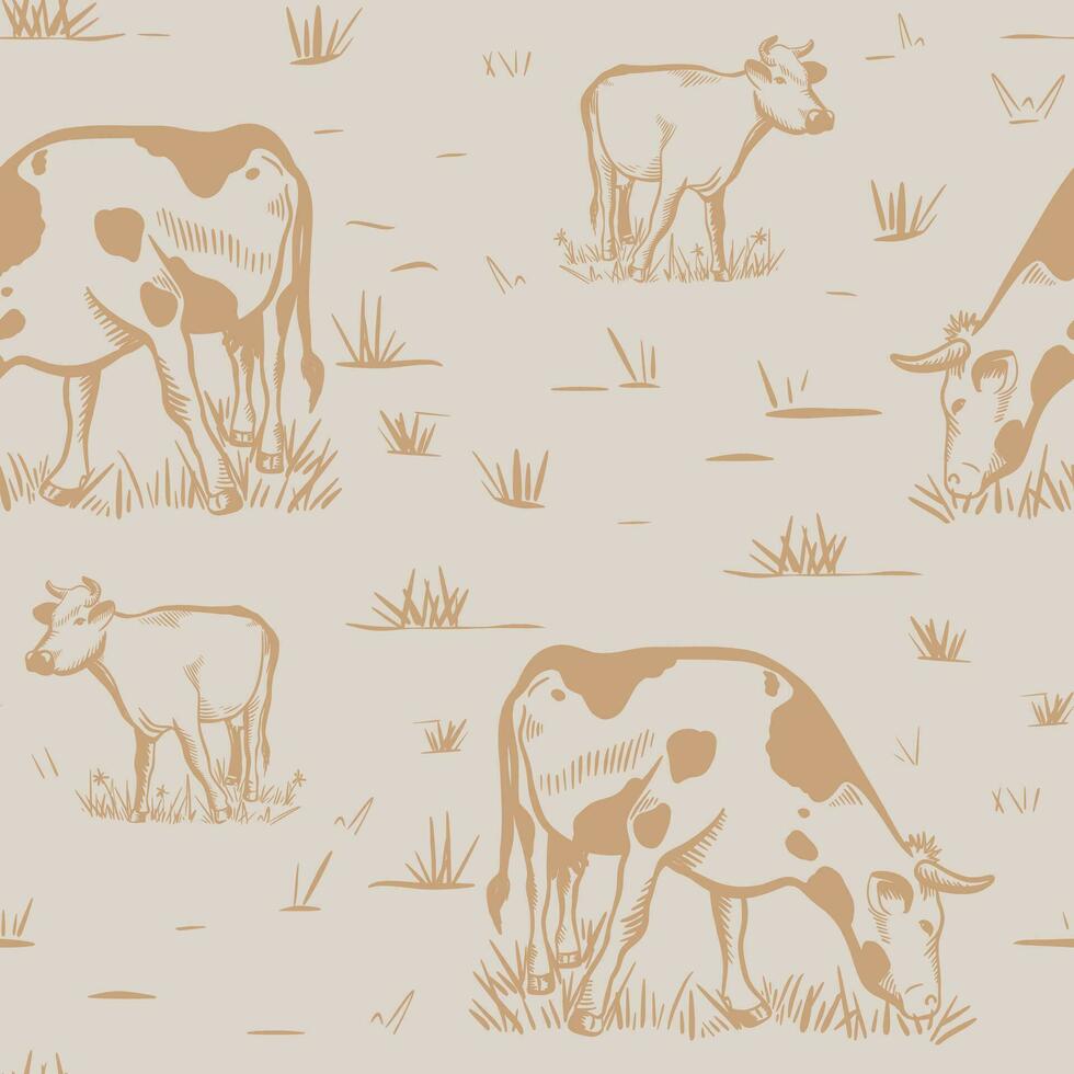 Hand engraved cows grazing on meadow seamless pattern vector