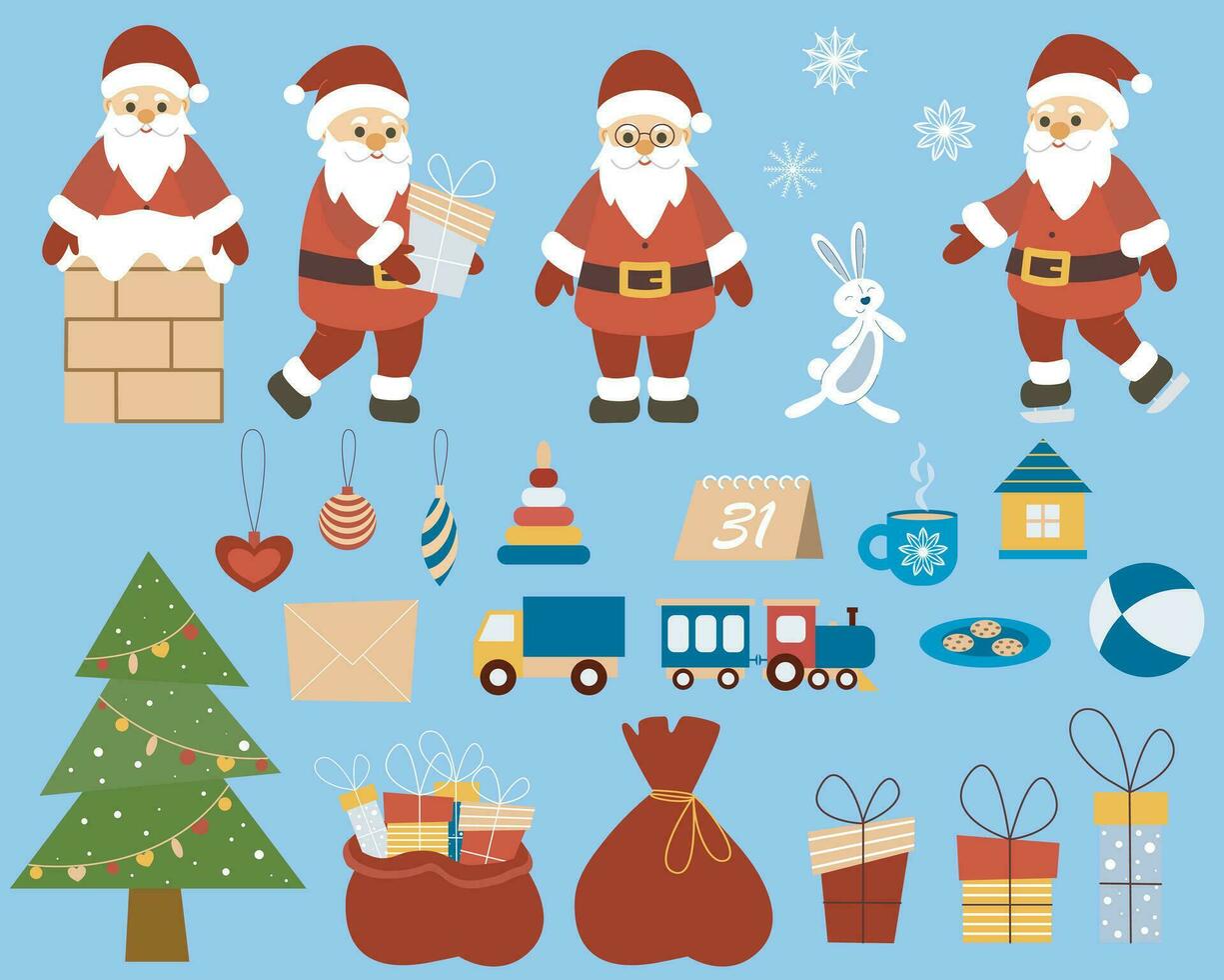 Papa Noel noel, regalos, Navidad árbol, conejito y bebé juguetes conjunto vector