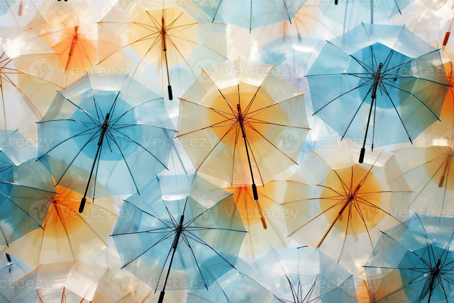 Colorful transparent umbrellas background. Street decoration. Generated by artificial intelligence photo