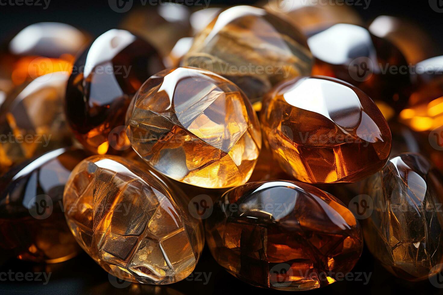 Many amber glowing stones, horizontal background. Generative AI photo