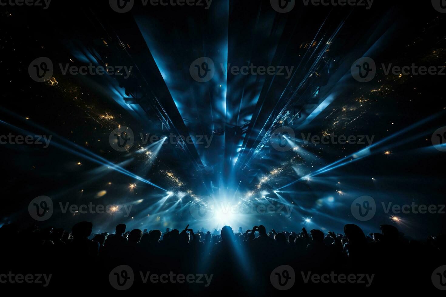 Rock concert, silhouettes of people in the bright rays of spotlights. Generated by artificial intelligence photo