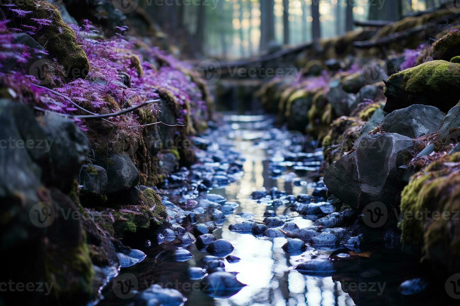 Stream in the forest with stones, moss and lilac flowers. Generated by artificial intelligence photo