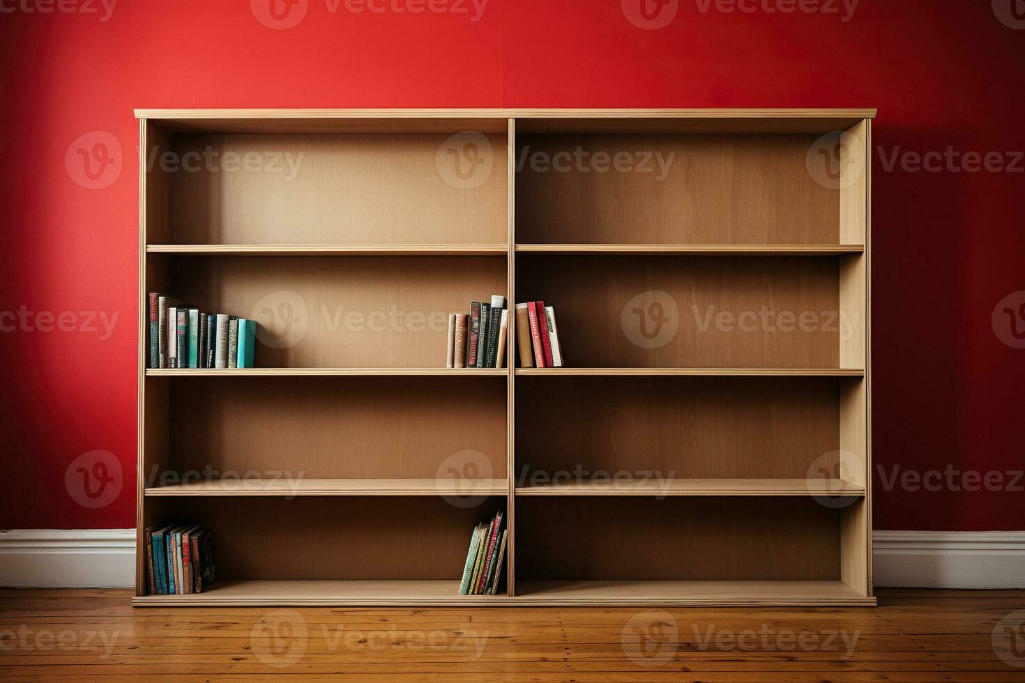 Wooden bookcase with books on shelves near a red wall on a wooden floor. Generated by artificial intelligence photo