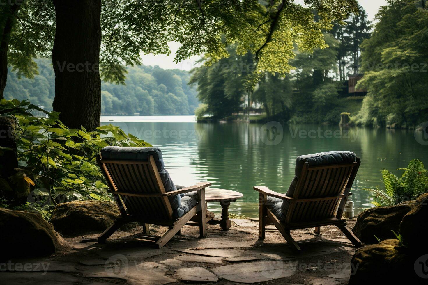 Two chairs for relaxing on the bank of a calm river in the forest. Camping, recreation. Generated by artificial intelligence photo